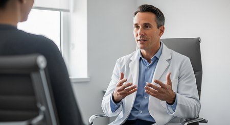 Врач разговаривает с пациентом в кабинете
